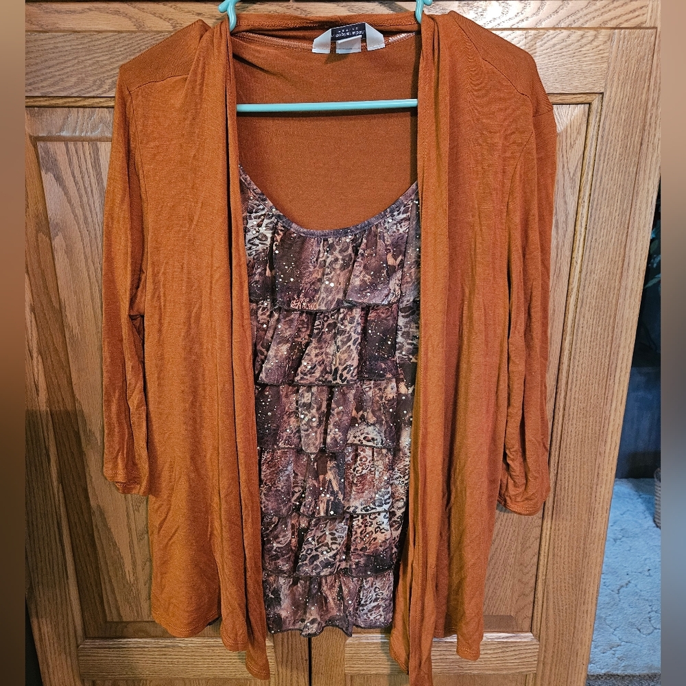 Orange Cardigan with Brown Patterned Top
